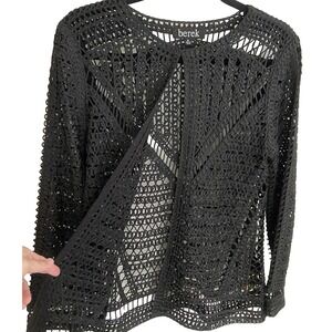 Berek Crochet Cardigan Jacket Women Medium Black Open Front Topper Kimono Blouse